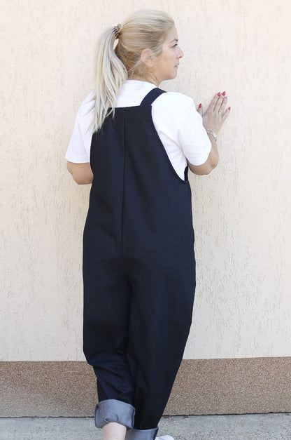 product image of YAYS Unisex Denim Dungaree - Coal Black, femeale model posing, back view