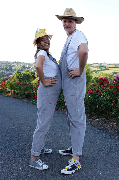 product image of YAYS PRIMO: Corduroy Cotton Dungaree - Dove Grey, female and male model posing, front to front, full view