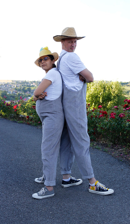 female and male models posing staying back to back, full front view of YAYS PRIMO: Corduroy Cotton Dungaree - Dove Grey