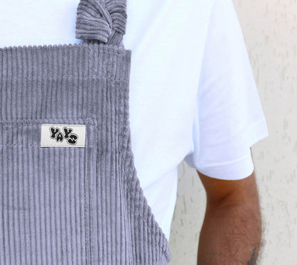 product image of YAYS PRIMO: Corduroy Cotton Dungaree - Dove Grey, close-up of front pocket and logo tag