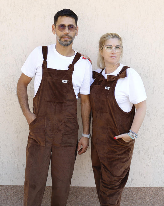 Female and male models posing in YAYS overalls in Pecan Brown, front view