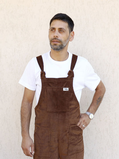 male model posing in YAYS dungarees in Pecan Brown, front view