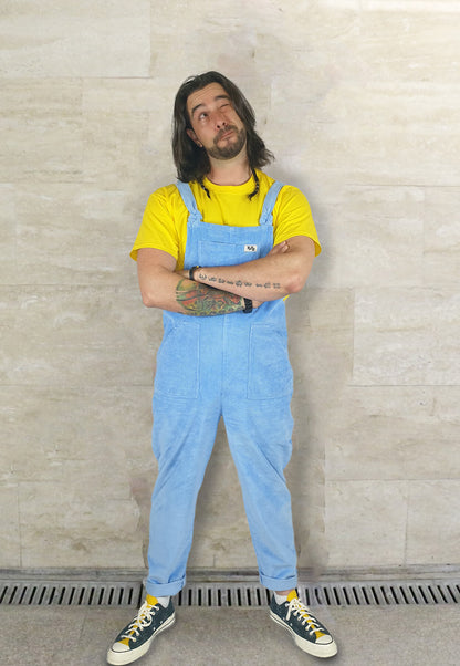 male model wearing YAYS overalls in Serenity Blue, front view