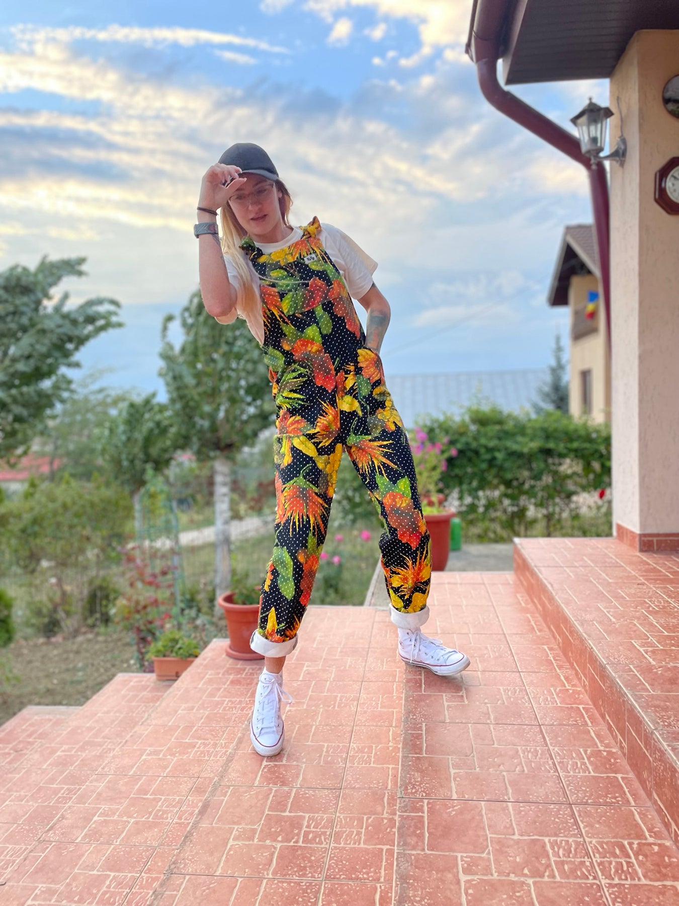 woman wearing YAYS cotton dungarees in Daisy Dot, front view